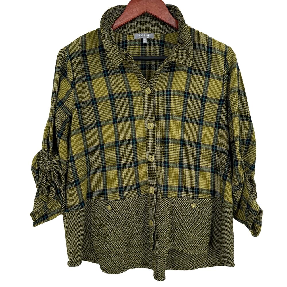 Habitat Sz XS Green Black Houndstooth Wearable Art to Wear Blouse Shirt Top